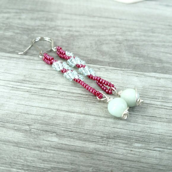Amazonite Gemstone Spiral Beaded Dangle Earrings, Artisan Boho Chic 3" - Picture 8 of 9